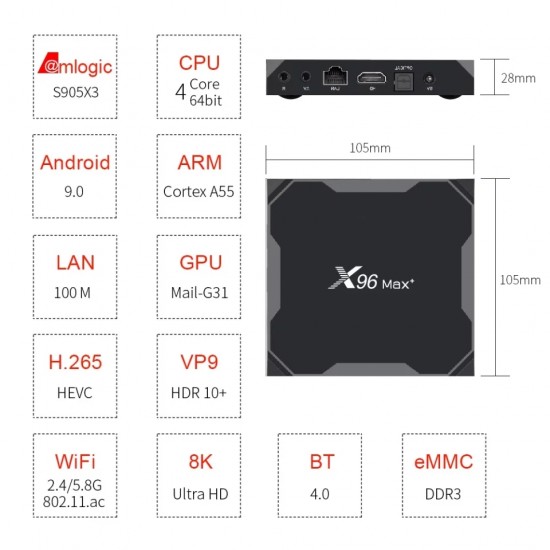 Amlogic X96 MAX Plus 905X3 multimedia player, Smart TV Box, Android 9, 8K, 4GB Ram, 32GB μνήμη 2.4G/5G WIFI, USB 3.0